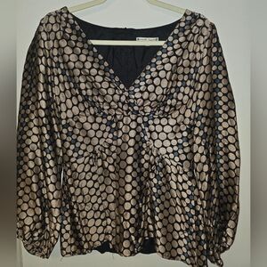 Nanette Lepore Black Gold Blue Polkadot V Neck Long Sleeve Blouse Size 8 MEDIUM